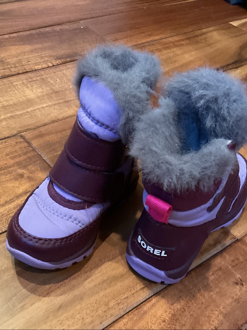 Sorel Purple and Lavender Kids Winter Boots with Gray Faux-Fur Trim